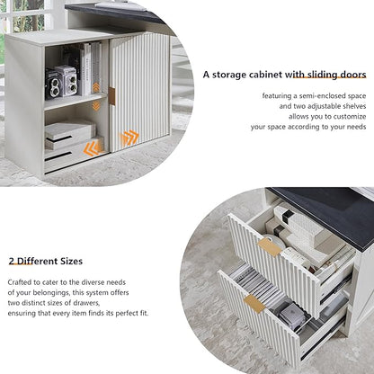 JXQTLINGMU 67" Modern L Shaped Desk with Storage Cabinet & Drawers, Wood Home Office Desk with Power Outlets, Fluted Computer Writing Desk, Antique White