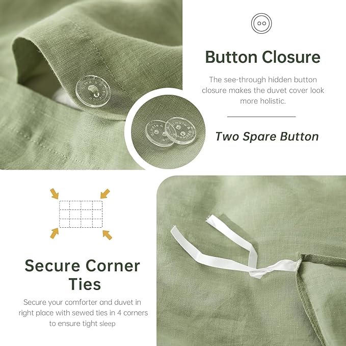Simple&Opulence 100% Linen Duvet Cover Set, 3 PCS Natural French Flax Sage Green Duvet Cover King Size, Breathable Soft Comfy Linen Bedding Comforter Cover with 2 Pillowcases(Sage Green, 104"x92")