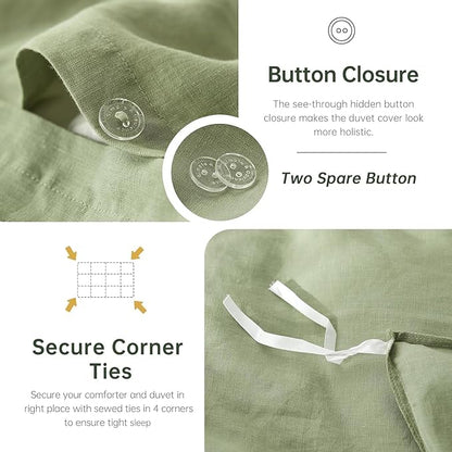 Simple&Opulence 100% Linen Duvet Cover Set, 3 PCS Natural French Flax Sage Green Duvet Cover Queen Size, Breathable Soft Comfy Linen Bedding Comforter Cover with 2 Pillowcases(Sage Green, 88"x92")