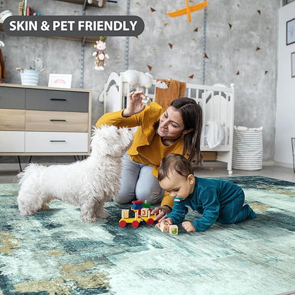 Runner Rug for Hallways Kitchen 2'6"x8' Washable Non Slip: Carpet Non Skid 8ft Entryway Rubber Backed 8 Feet Neutral Abstract Modern Rug Low Pile Pet Friendly Indoor Teal Grey Gold