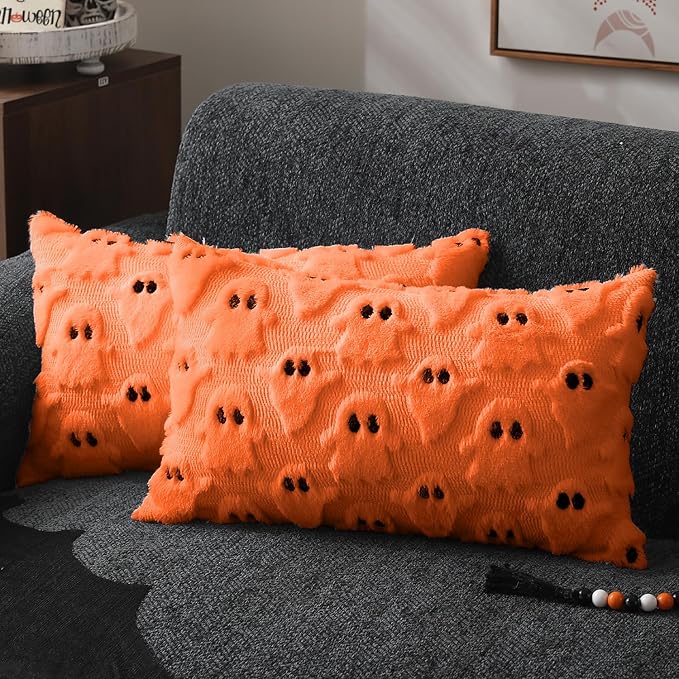 DFXSZ Halloween Pillow Covers 12x20 inch Set of 2 Orange Ghost Throw Pillow Cases Soft Plush Faux Fur Wool Cushion Case for Chair Bedroom Living Room Home Decor PTK03C12