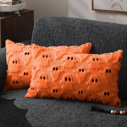 DFXSZ Halloween Pillow Covers 12x20 inch Set of 2 Orange Ghost Throw Pillow Cases Soft Plush Faux Fur Wool Cushion Case for Chair Bedroom Living Room Home Decor PTK03C12