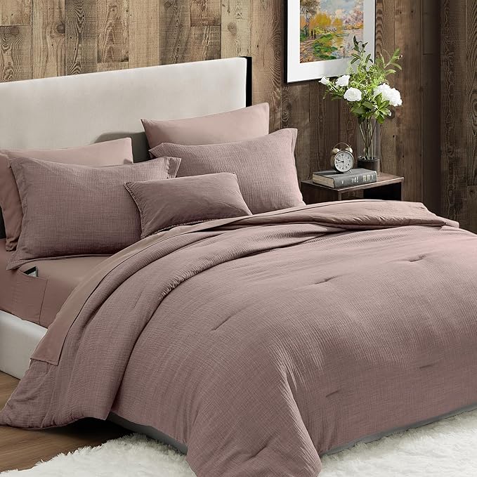 Geniospin Full Comforter Set - 7 Pieces Comforter Full Size, Solid Bedding Sets for All Season, Textured Bed in a Bag with Sheets, Pillowcases and Shams (Misty Rose, 80''x90'')