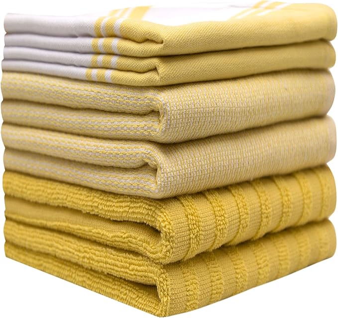 Premium Kitchen Towels 6 Pack Large Cotton Flat Terry Absorbent Tea Towels with Hanging Loop Wide Stripe Yellow 20x28