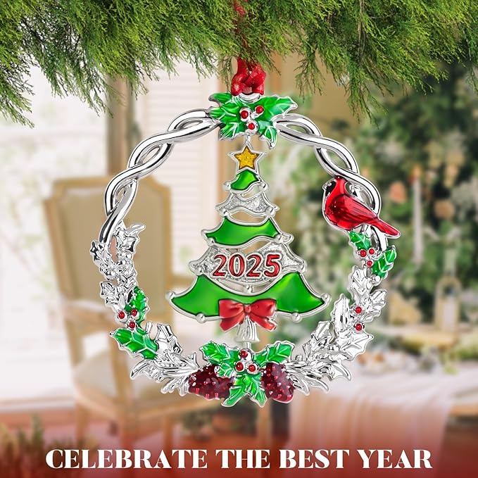 Christmas Tree Ornament Metal Silver Hanging Rotatable Design Charm Holiday Decorative Pendant Gift Keepsake (2025 Joy)