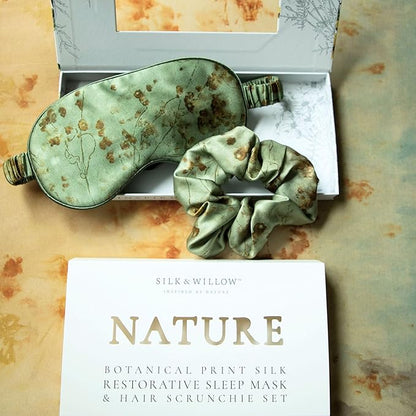 Silk & Willow 100% Pure Mulberry Silk Sleep Eye Mask & Hair Scrunchie Gift Set (Coreopsis Sage)