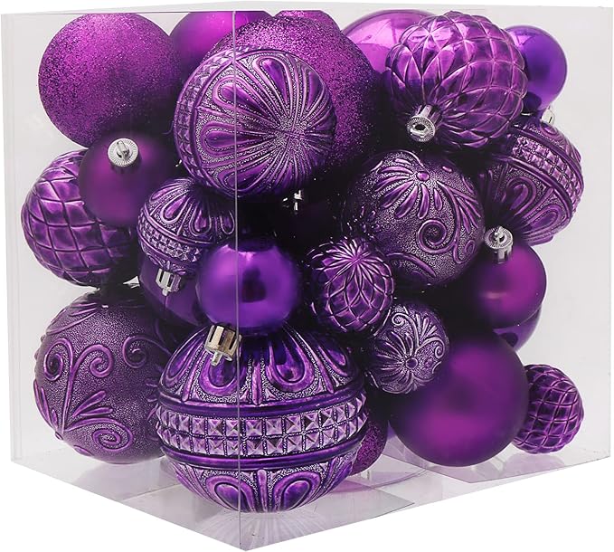 Purple Christmas Ball Ornaments Christmas Tree Decorations with Hang Rope-36pcs Shatterproof Christmas Ornaments Set with 6 Styles in 3 Sizes(Small Medium Large)