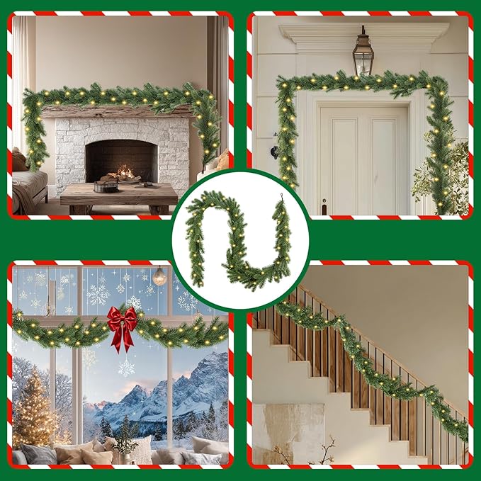 Bluesea 9FT Christmas Norfolk Pine Garland, Real Touch Pine, Faux Greenery Garland for Fireplace,Table, Stairs, Mantle, Window,Indoor Outdoor,Home,Holiday Decor（1 Pcs