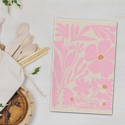 Boho Floral Dish Towels Vintage Abstract Flowers Waffle Weave Kitchen Towels Pink Flower