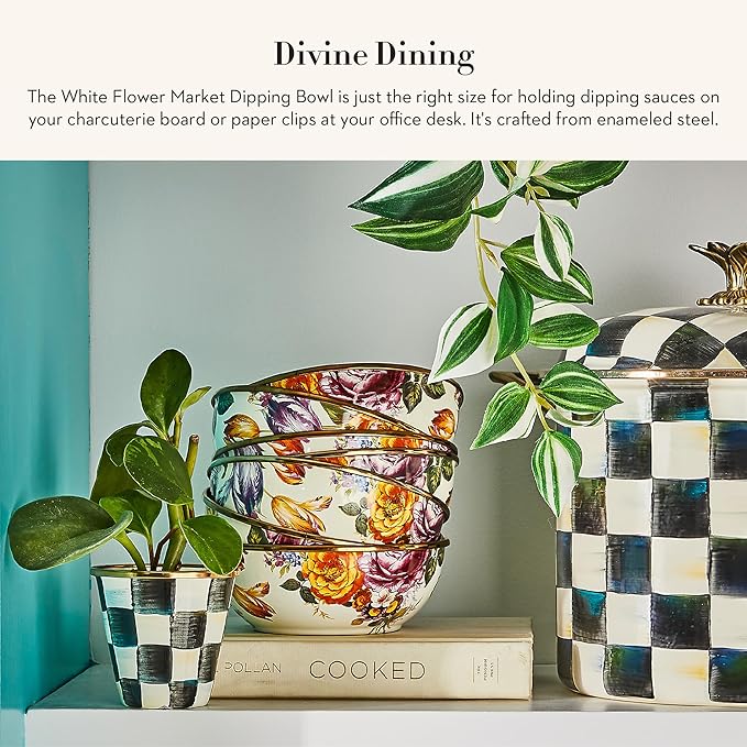 MACKENZIE-CHILDS Enamel Dipping Bowl, Small Serving Bowl for Entertaining, White Flower Market