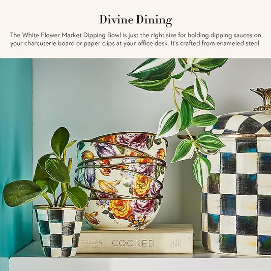 MACKENZIE-CHILDS Enamel Dipping Bowl, Small Serving Bowl for Entertaining, White Flower Market