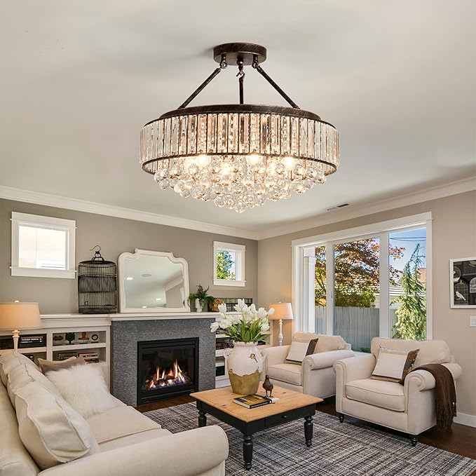 YYJLX 6 Light Modern Crystal Oil Rubbed Bronze Metal Semi Flush Mount Ceiling Light Fixture E26 Indoor Round Ceiling Lamp for Dining, Living, Foyer, Kitchen, Bedroom