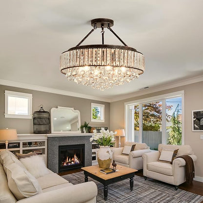 YYJLX 6 Light Modern Crystal Oil Rubbed Bronze Metal Semi Flush Mount Ceiling Light Fixture E26 Indoor Round Ceiling Lamp for Dining, Living, Foyer, Kitchen, Bedroom