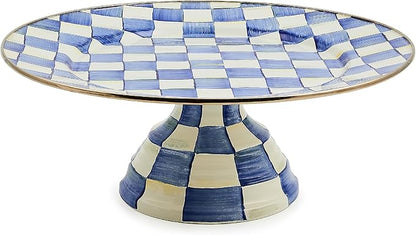 MACKENZIE-CHILDS Enamel Pedestal Platter, Round Cake Stand, Large, Blue-and-White Royal Check