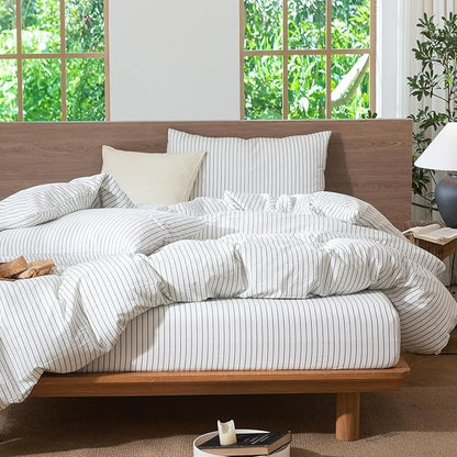 MooMee Striped Duvet Cover Set 100% Washed Cotton Linen Like Textured Breathable Durable Soft Comfy (White Heathered Green Wide Stripes, Oversized Full 82"x86")