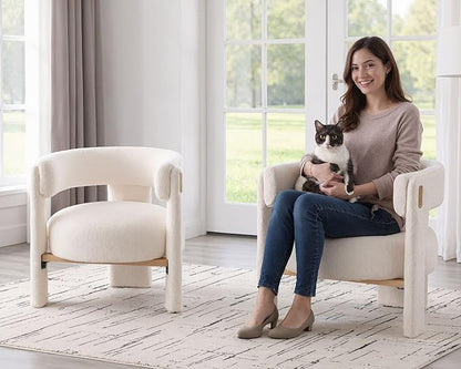 White Boucle Barrel Accent Chairs Set of 2, Comfy Upholstered Living Room Chairs Mid-Century Modern Reading Chair with Open Back Round Corner Armchairs, Side Sitting Lounge Chairs for Bedroom/Office