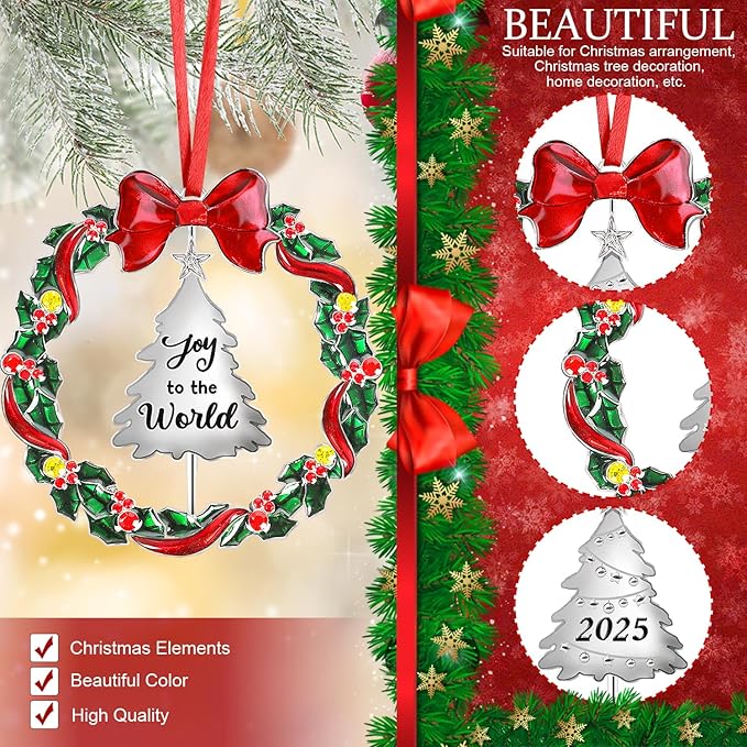 2025 Christmas Ornaments for Tree,Christmas Wreath Ornaments 2025 with Rotatable Tree for Christmas Tree Decorations Holiday Decorative Annual Keepsake Gift (Metal,Silver)