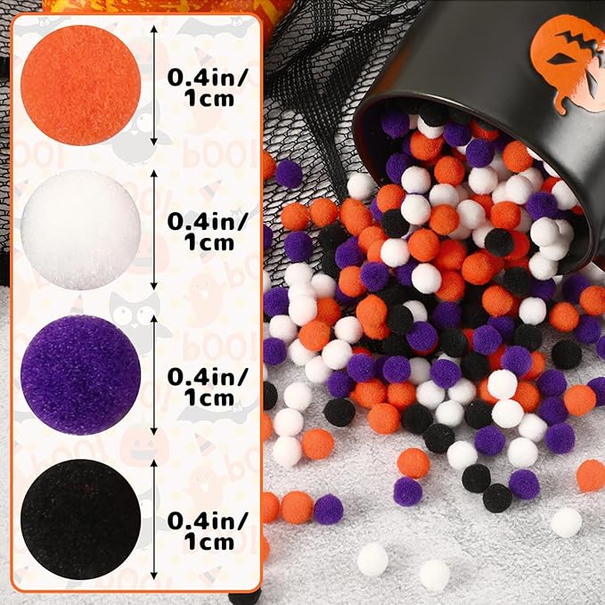 SEPGLITTER Halloween Pom Poms Balls, 1000Pcs 1 cm/0.4 inch Color Black Orange Purple White Pom Poms for Fall Halloween Party Crafts Making DIY Holiday Decorations Supplies