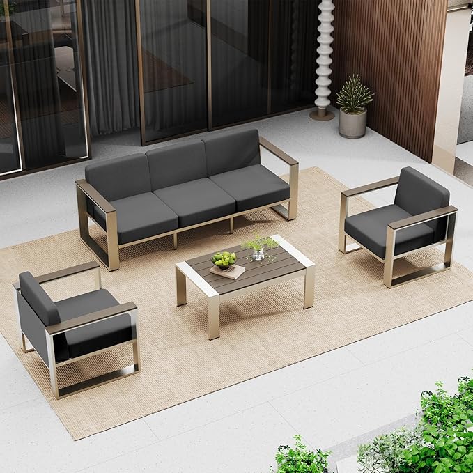 Outdoor Furniture Set, 4 Piece Aluminum Patio Furniture Set with Table, Wide Outdoor Seating  and Thick Cushions, Outdoor Patio Conversation Sets for Deck, Porch (Darkgray)