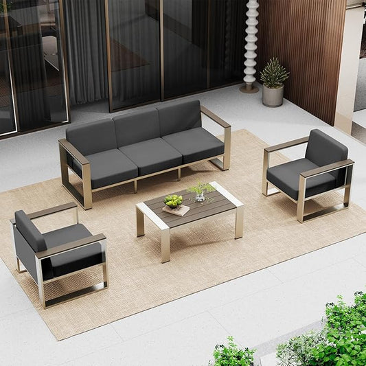 Outdoor Furniture Set, 4 Piece Aluminum Patio Furniture Set with Table, Wide Outdoor Seating  and Thick Cushions, Outdoor Patio Conversation Sets for Deck, Porch (Darkgray)