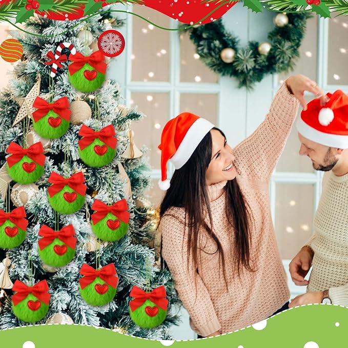 Gejoy 12 Pcs Lime Green Furry Christmas Ball Ornaments with Red Bow for Tree Green Christmas Hanging Decorations Soft Faux Fur Pom Pom Ball Ornaments for Home Party Supply Fireplace Mantel Wall Decor