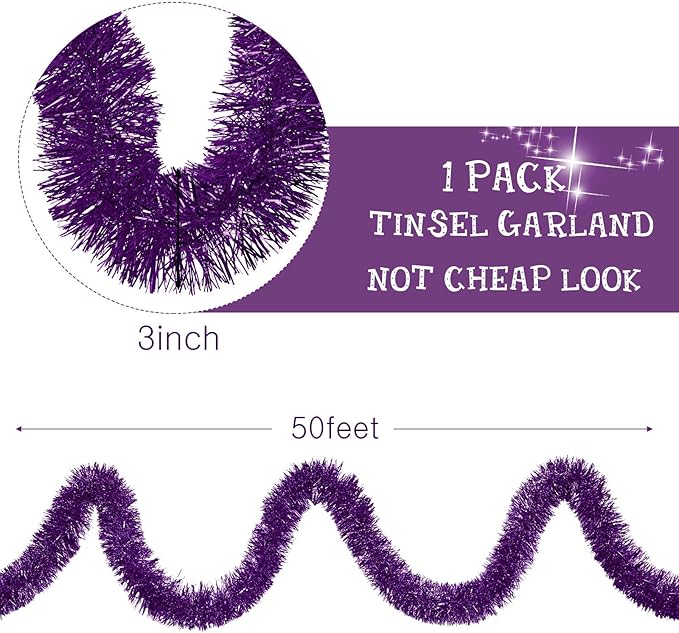 WILLBOND 50 ft Christmas Tinsel Garland Metallic Tinsel Twist Garland Christmas Tree Decorations New Year Wedding Birthday Hanging Decorations Party Supplies, 3 Inch(Purple)