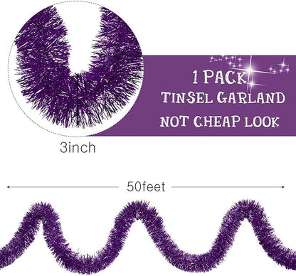 WILLBOND 50 ft Christmas Tinsel Garland Metallic Tinsel Twist Garland Christmas Tree Decorations New Year Wedding Birthday Hanging Decorations Party Supplies, 3 Inch(Purple)