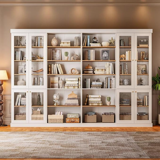 Vyre 70.8" Tall Farmhouse Bookshelf with Glass Doors, Modular Bookcase with 6-Tier Adjustable Shelves, Large Storage Cabinet for Kitchen, Living Room, White, Set of 4