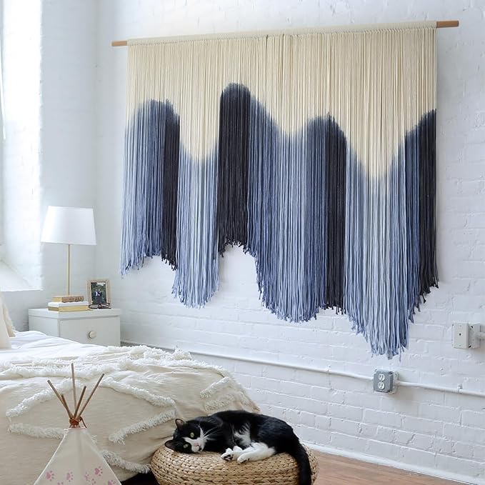 IOWER Macrame Wall Hanging Large Blue Dip Dyed Fiber Art Tapestry, Handmade Boho Wall Decor for Living Room Bedroom, Macrame Wall Art 57" W x 39" L