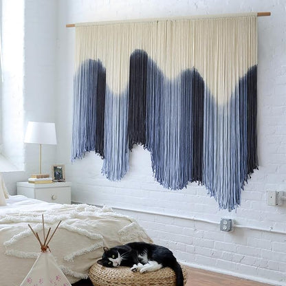 IOWER Macrame Wall Hanging Large Blue Dip Dyed Fiber Art Tapestry, Handmade Boho Wall Decor for Living Room Bedroom, Macrame Wall Art 57" W x 39" L
