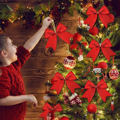 Cindeer 24 Pcs Red Christmas Bow Decorations 6 x 6 Inches, Glitter Holiday Ornaments Sequin Ties Bows for Xmas Tree, Wreath, DIY Crafts, Gift Wrapping, Party Decor