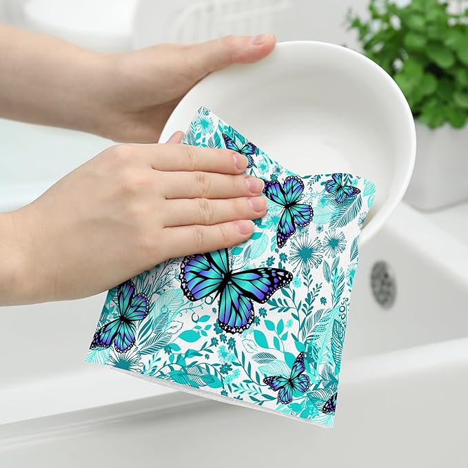 Butterfly Decorative Kitchen Dish Towels Set of 2 Absorbent Botanic Kitchen Towels, Green