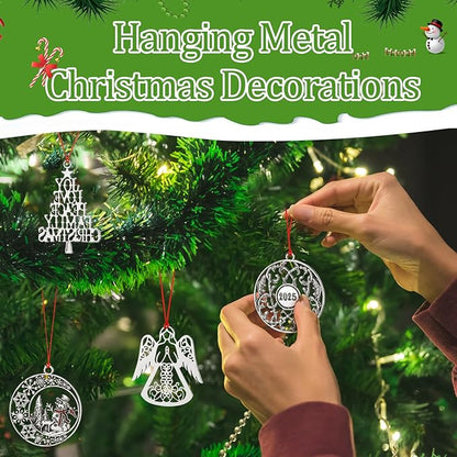 Zhengmy 8 Pieces Christmas Ornaments 2025 Solid Pewter Christmas Tree Ornament Metal Gnomes Santa Angel Snowman Hanging Craft Xmas Gifts with Red Bags(Classic)