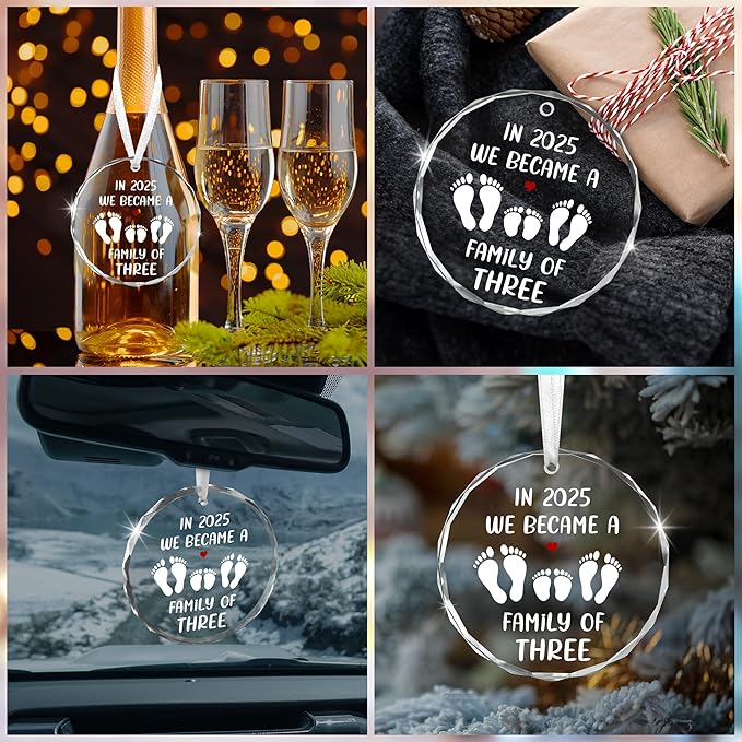Baby's First Christmas Ornaments 2025 - Glass Christmas Ornaments 2025 for Tree Decorations - Gifts for New Mom Dad Parents Couples, Family of Three, Pregnancy Announcement for Grandparents
