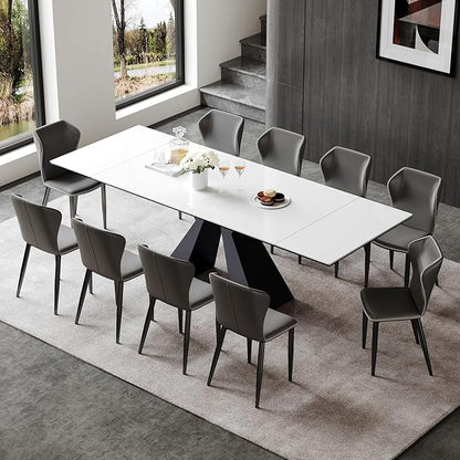 Extendable Dining Table for 8-12 Seat Flexible Stretch Tabletop Made from Sintered stone Tempered Glass Solid Carbon Steel Base, White