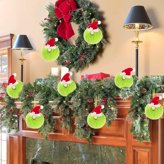 12ct 3.1'' Green Gnome Christmas Ball Ornaments, Soft Faux Fur Pom Pom Decorations with Santa Hat and Snowflake, Hanging Ornaments for Christmas Tree, Mantel, Home & Holiday Decor