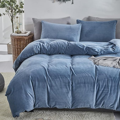 CLOTHKNOW Blue Fluffy Queen Comforter Set Velvet Bedding Comforter Sets Soft Grayish Blue Comforter with 2 x Pillow Cases