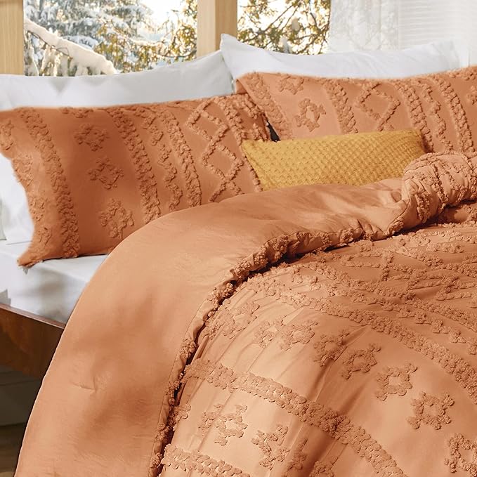 Bedsure Tufted Boho Comforter Set King Size - Pumpkin Boho Bed Set, GentleSoft™ 3 Pieces Farmhouse Shabby Chic Embroidery Bedding, Gifts for Woman, Soft Jacquard King Comforter for All Seasons