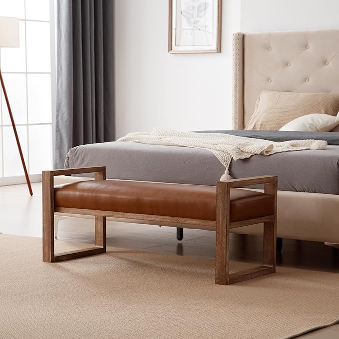 Kmax Entryway Bench, Wooden Upholstered Bench for Bedroom End of Bed with Hollow Arms Farmhouse for Entry Way Bedroom Living Room - PU, Brown