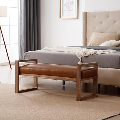 Kmax Entryway Bench, Wooden Upholstered Bench for Bedroom End of Bed with Hollow Arms Farmhouse for Entry Way Bedroom Living Room - PU, Brown
