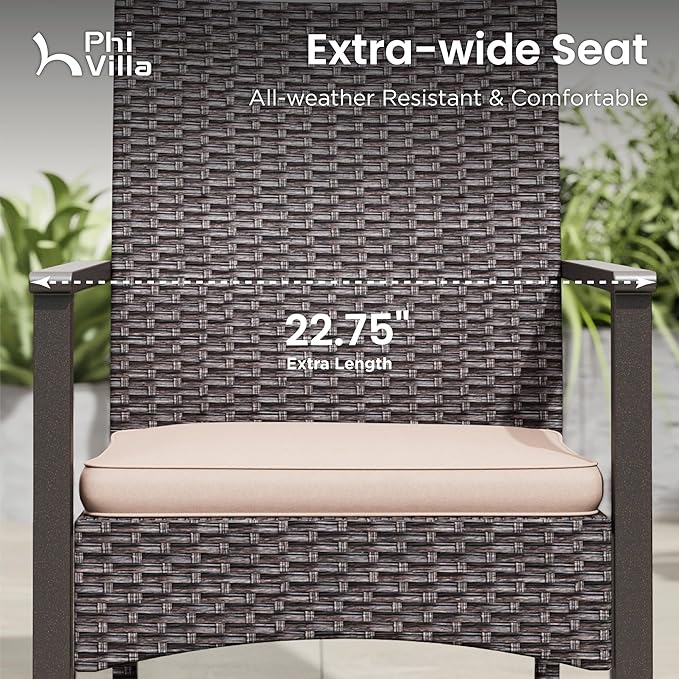 PHI VILLA Outdoor Dining Set for 8, Rectangular Rattan Table with Acacia Wood Top & Wicker Chairs with Cushions, 74” Large Modern Furniture Set for Patio, Deck, Backyard, Porch