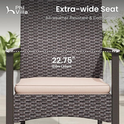 PHI VILLA Outdoor Dining Set for 6, Rectangular Rattan Table with Acacia Wood Top & Wicker Chairs with Cushions, 74” Large Modern Furniture Set for Patio, Deck, Backyard, Porch