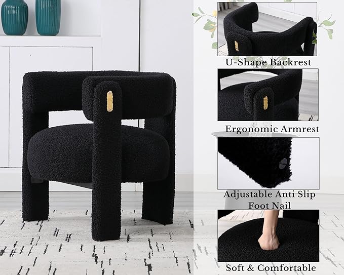 Black Boucle Barrel Accent Chairs Set of 2, Comfy Upholstered Living Room Chairs Mid-Century Modern Reading Chair with Open Back Round Corner Armchairs, Side Sitting Lounge Chairs for Bedroom/Office