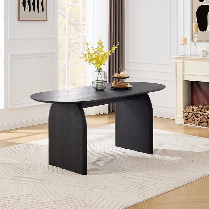 70" Farmhouse Oval Dining Table, Heavy-Duty Wood Dining Room Table for 4-6 Seats, Modern Kitchen Dinner Table & Home Desk with Easy-Clean Curved Tabletop, Black
