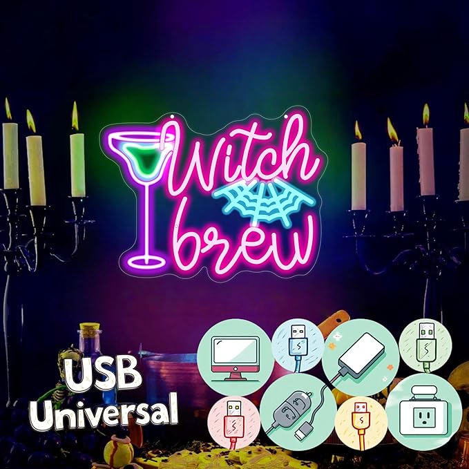 Witch Brew Neon Sign, Witches LED Light, Halloween Neon Sign, Gothic Decor Sign, Horror Decor Sign for Room Halloween Party Musical Led Sign for Wall Art Decor Gifts for Witch Fans Lovers