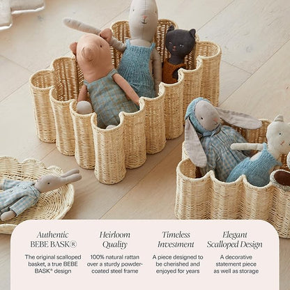 BEBE BASK Unique Wavy Scalloped Basket Set Of 2 - Scallop Basket - 16 x 10 x 7 In - Hand-Woven Elegant Wicker With Scalloped Edge Lid - Nursery Storage - (Earthy)