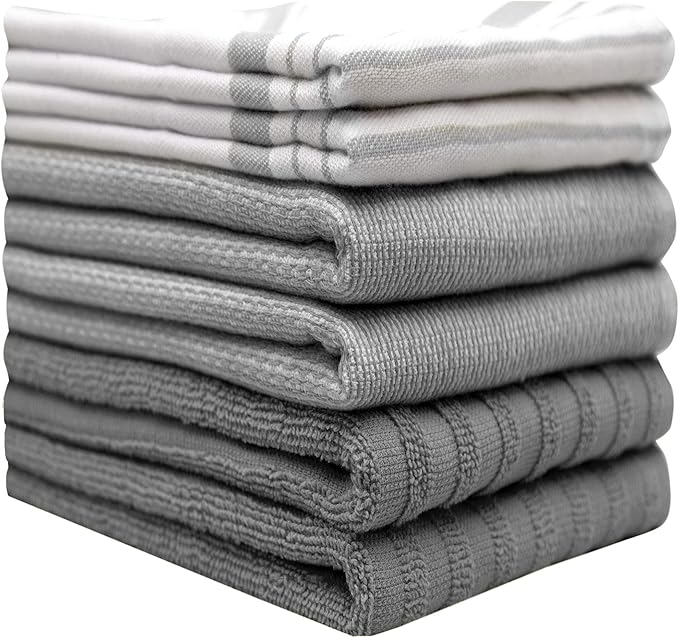 6 Pack Cotton Dish Towels 20x28 Absorbent with Hanging Loop Grey Striped