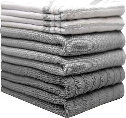 6 Pack Cotton Dish Towels 20x28 Absorbent with Hanging Loop Grey Striped