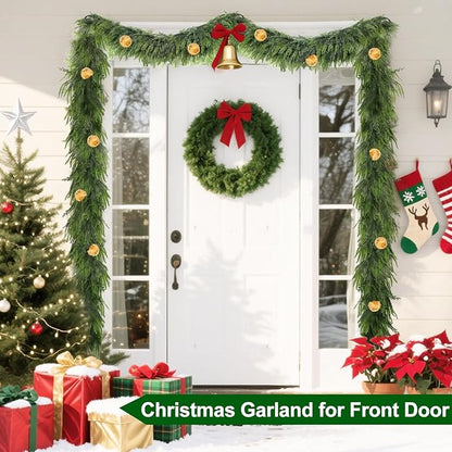 9Ft by 10 Inch Christmas Norfolk Pine Garland,Real Touch Garlands with Norfolk Pine&Cedar Branches,Realistic Soft Thick Artificial Greenery Garland for Mantle Fireplace Stair Outdoor Indoor Decortions