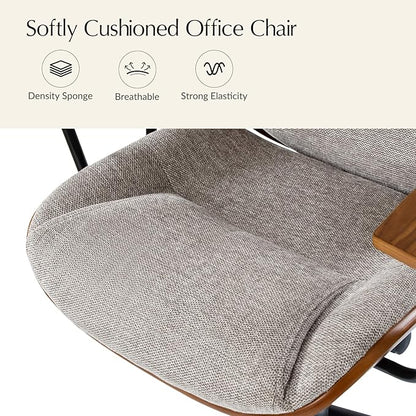 HULALA HOME Solid Wood Office Chair with Rocking Function, Comfy Fabric Desk Chair with Bent Wood and Metal Base, Height Adjustable Swivel Computer Task Chair, Tan